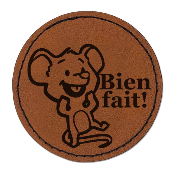 Bien Fait French Compliment Cartoon Mouse Rodent Rat Round Iron-On Engraved Faux Leather Patch Applique - 2.5 Inch - Brown