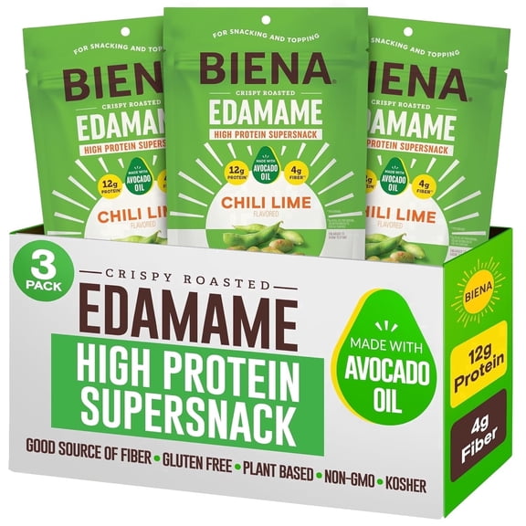 Biena Edamame Bean Snack Chips Chili Lime High Protein Vegan Gluten-Free 3 Pack 4.75 Oz Bag