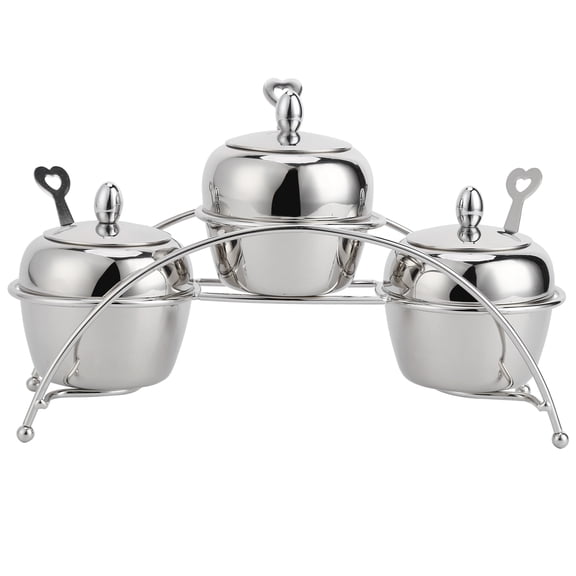 Bienvenido Stainless Steel Condiment Pots Set with Spoon Lids & Holder - Compact Countertop Storage.