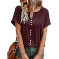 thumbnail image 1 of Bienvenido Summer Top Button Front Short Sleeve V Neck Breathable Comfortable Casual T Shirt Dark Red S, 1 of 7