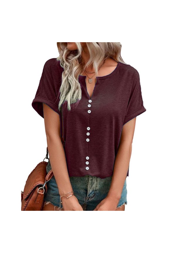 Summer Top Button Front Short Sleeve V Neck Breathable Comfortable Casual T Shirt Dark Red S