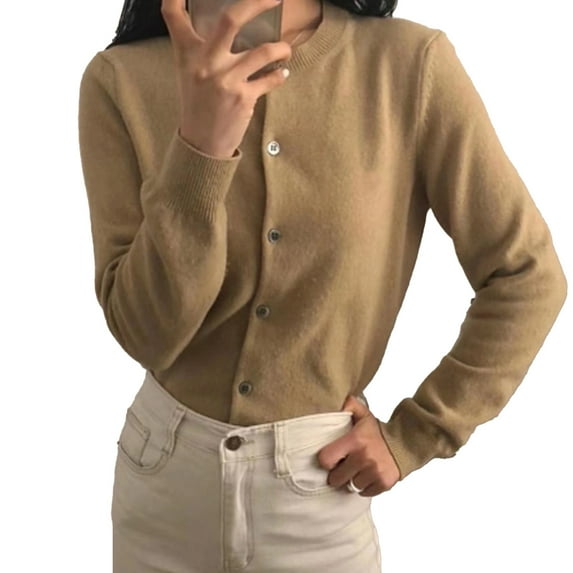 Bienvenido Women Knit Open Front Outwear Long Sleeve Button Down Round Neck Pure Color Thin Open Front Sweater for Spring Autumn Khaki Free Size