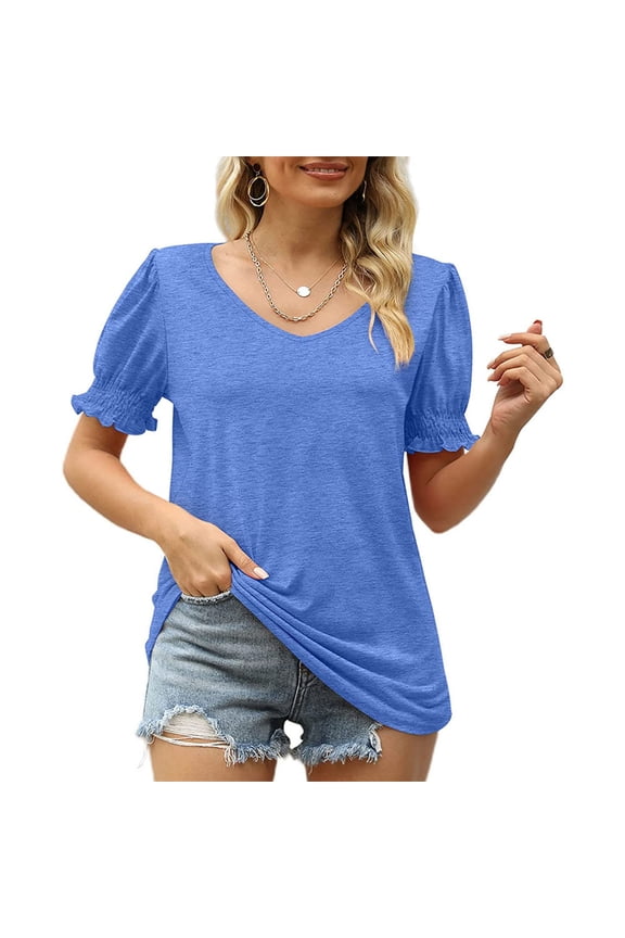Women Shirred Puff Sleeve Top V Neck Pure Color Loose Fitting Casual Summer Pullover Shirt Blue S