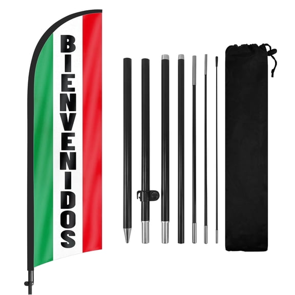 Bienvenidos Advertising Feather Flags Banner 8Ft, Bienvenidos Swooper Flag with Pole and Ground Stake, Advertising Feather Flag Signs for Bienvenidos Business