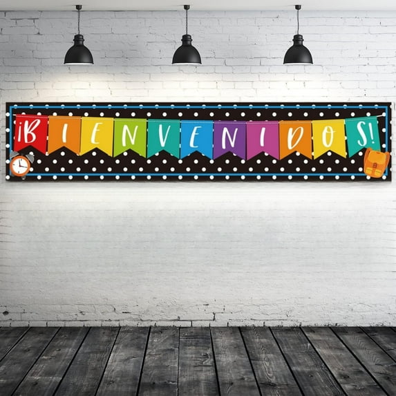 Bienvenidos Banner Spanish Welcome Sign Inspirational Poster Spanish Banners with 4 Grommets for Kids Students Classroom Decor