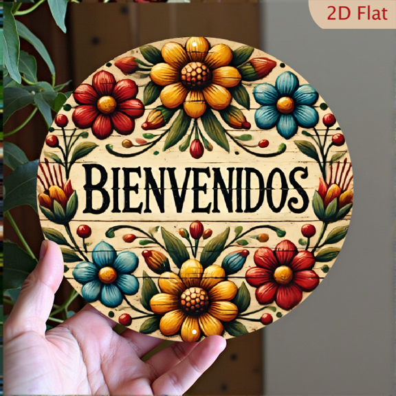 Bienvenidos Metal Wall Art, Circular Folk Art Floral Sign, 8x8 Inch Decorative Aluminum Plaque for Home Entryway Decor, Vibrant Mexican Style Botanical Design