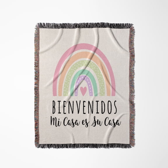 Bienvenidos Mi Casa Es Su Casa Welcome In Spanish Boho Rainbow Heart, Woven Blanket
