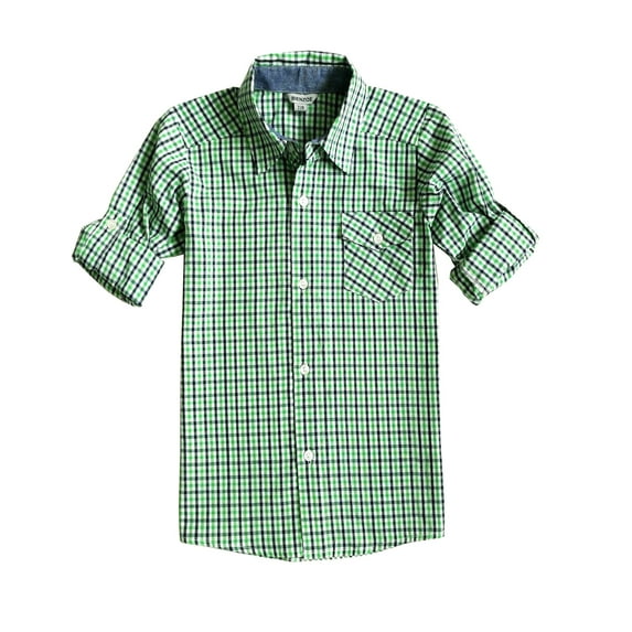 Bienzoe Big Boy's Cotton Plaid Roll Up Button Down Sports Shirts,Green,7/8
