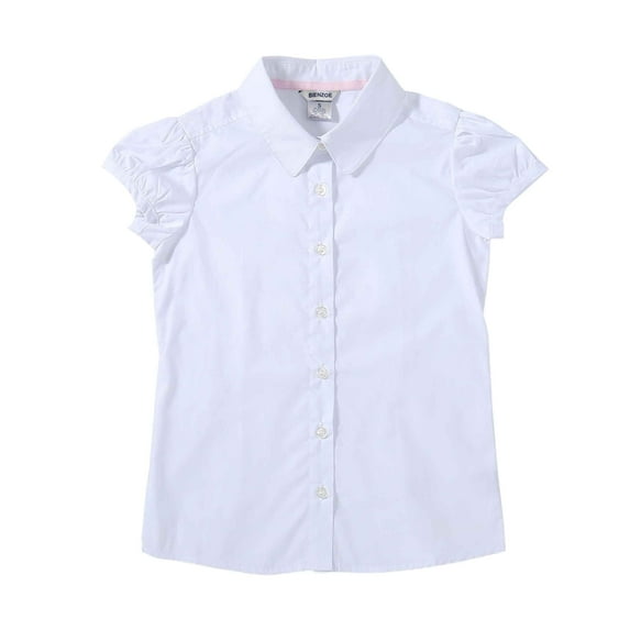 Bienzoe Big Girl's School Uniforms Cotton Short Puff Sleeve Blouse White L