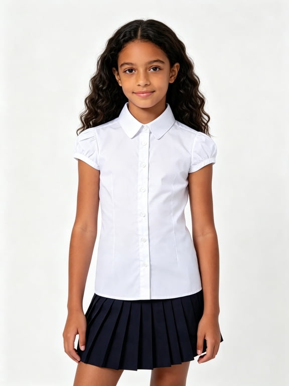 Big Girl's School Uniforms Cotton Short Puff Sleeve Blouse White L