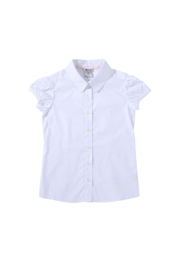 Big Girl's Short Puff Sleeve School Uniforms Cotton Blouse White S