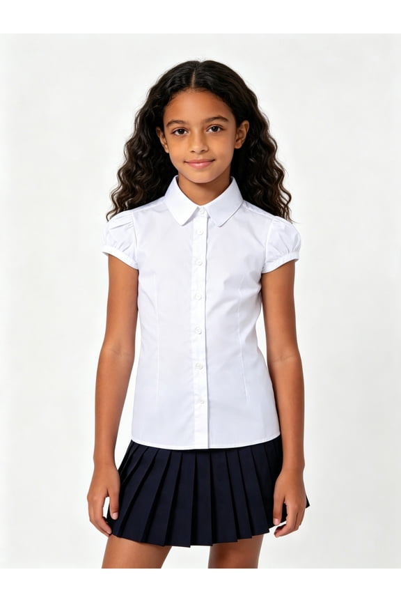 Big Girl's Short Puff Sleeve School Uniforms Cotton Blouse White S