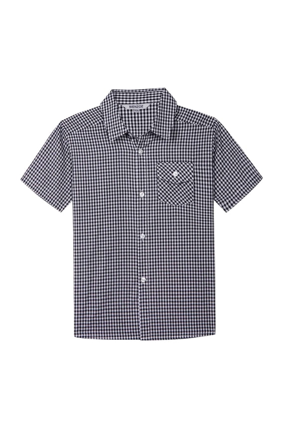 Boy's Cotton Plaid Button Down Short Sleeve Shirt Black/White 9/10