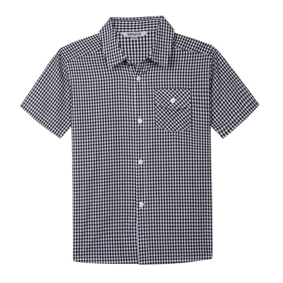 Bienzoe Boy's Cotton Plaid Button Down Short Sleeve Shirt Black/White 9/10