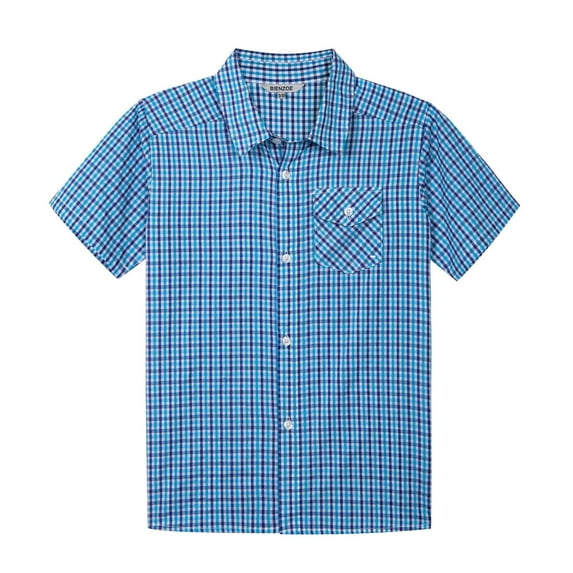 Bienzoe Boy's Cotton Plaid Button Down Short Sleeve Shirt Blue/Azure 13/14
