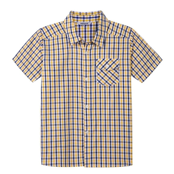 Bienzoe Boy's Cotton Plaid Button Down Short Sleeve Shirt Blue/Yellow 11/12