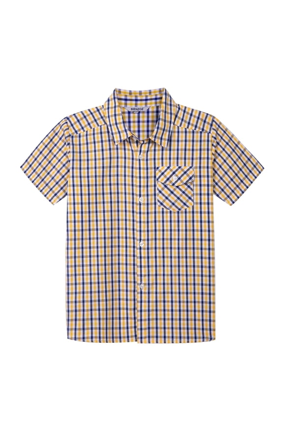 Boy's Cotton Plaid Button Down Short Sleeve Shirt Blue/Yellow 13/14