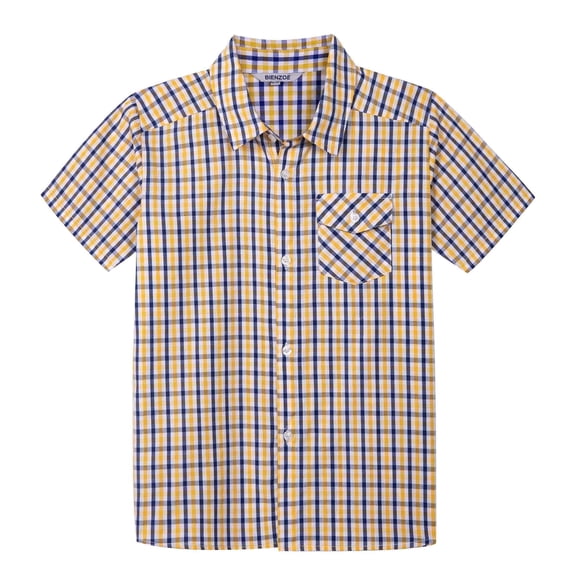 Bienzoe Boy's Cotton Plaid Button Down Short Sleeve Shirt Blue/Yellow 3/4
