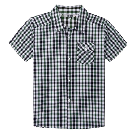 Bienzoe Boy's Cotton Plaid Button Down Short Sleeve Shirt Green/Black 5/6