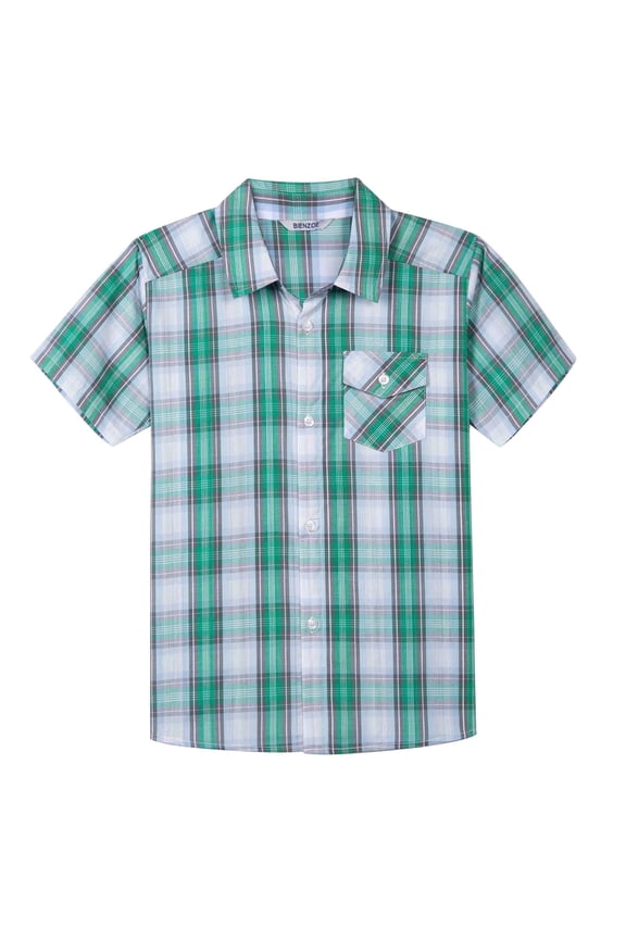 Boy's Cotton Plaid Button Down Short Sleeve Shirt Green/Grey 3/4