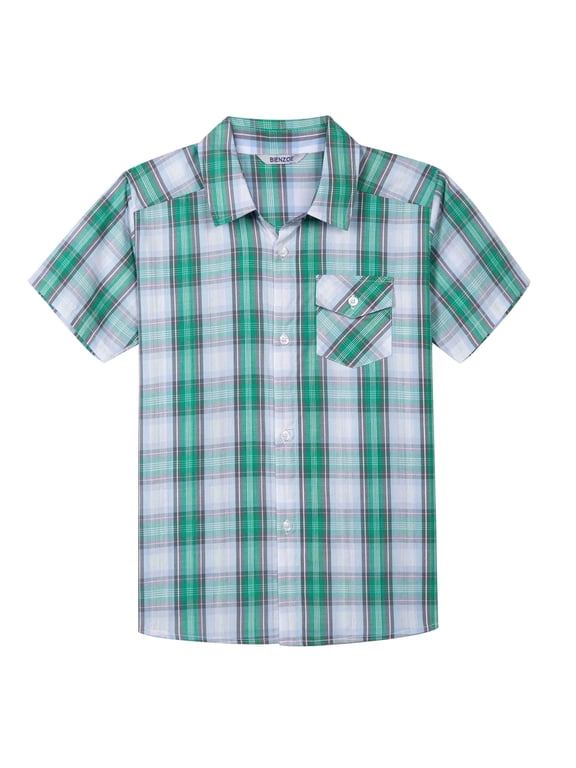 Boy's Cotton Plaid Button Down Short Sleeve Shirt Green/Grey 5/6