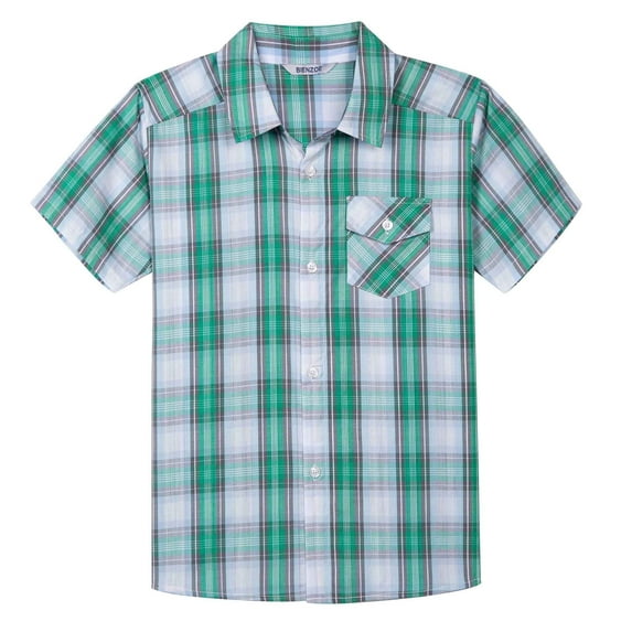 Bienzoe Boy's Cotton Plaid Button Down Short Sleeve Shirt Green/Grey 7/8