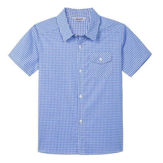 Bienzoe Boy's Cotton Plaid Button Down Short Sleeve Shirt Light Blue 13/14