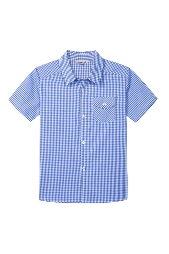 Boy's Cotton Plaid Button Down Short Sleeve Shirt Light Blue 5/6