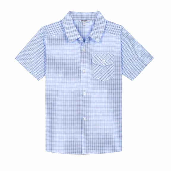 Bienzoe Boy's Cotton Plaid Button Down Short Sleeve Shirt Lt Blue/Marine 13/14