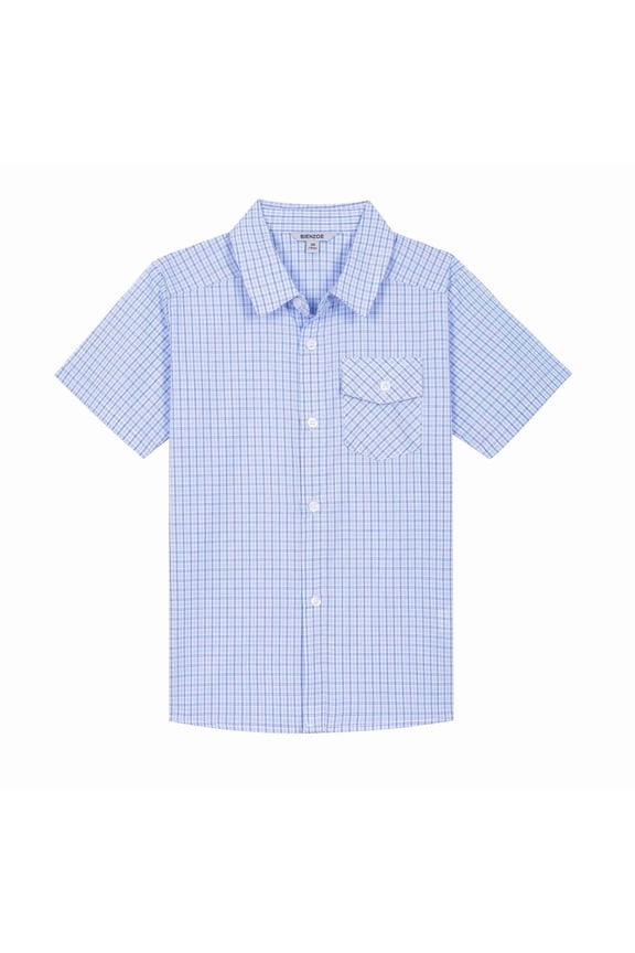 Boy's Cotton Plaid Button Down Short Sleeve Shirt Lt Blue/Marine 3/4