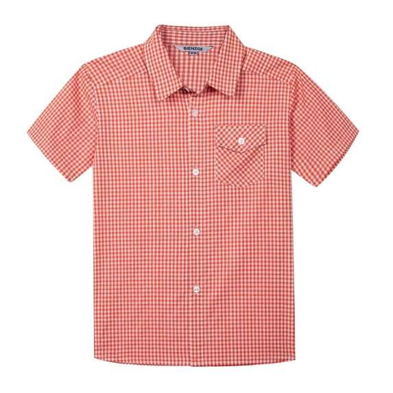 Bienzoe Boy's Cotton Plaid Button Down Short Sleeve Shirt Orange/White 11/12