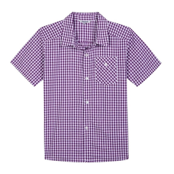 Bienzoe Boy's Cotton Plaid Button Down Short Sleeve Shirt Purple/White 3/4
