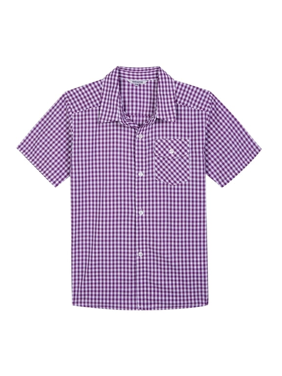 Boy's Cotton Plaid Button Down Short Sleeve Shirt Purple/White 9/10