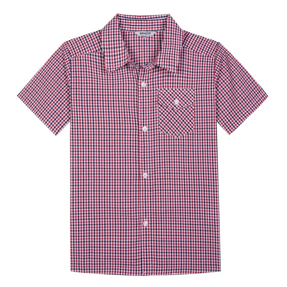 Bienzoe Boy's Cotton Plaid Button Down Short Sleeve Shirt Red 5/6