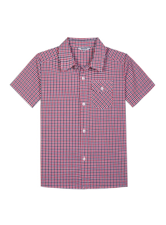 Bienzoe Boy's Cotton Plaid Button Down Short Sleeve Shirt Red 5/6