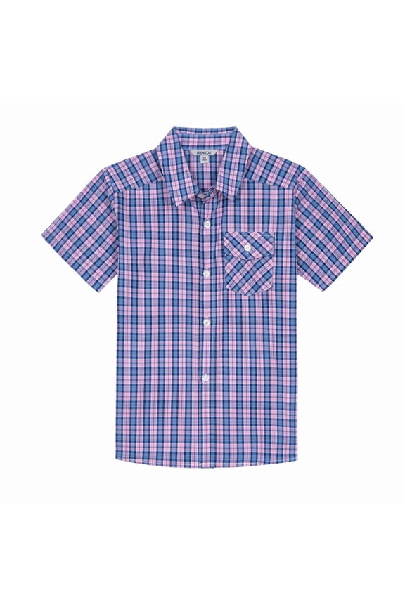 Boy's Cotton Plaid Button Down Short Sleeve Shirt Rose/Marine 11/12