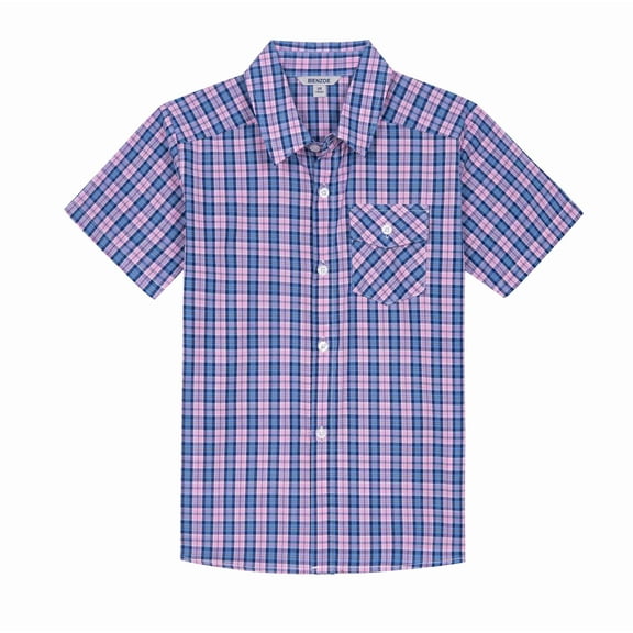 Bienzoe Boy's Cotton Plaid Button Down Short Sleeve Shirt Rose/Marine 13/14