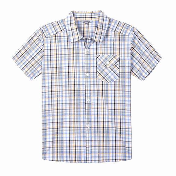 Bienzoe Boy's Cotton Plaid Button Down Short Sleeve Shirt Yellow/Blue 11/12