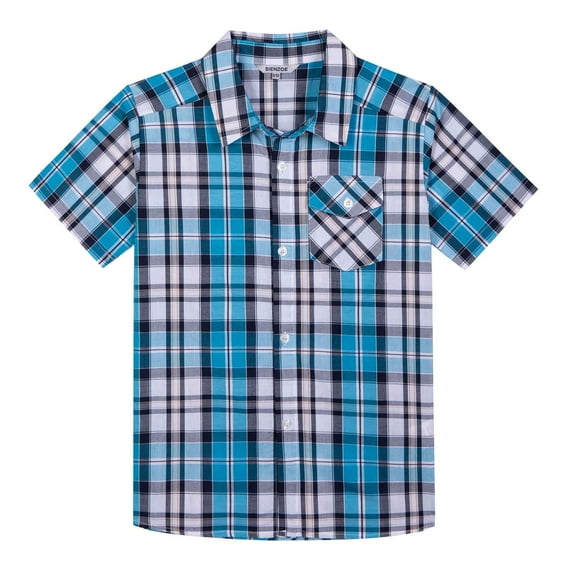Bienzoe Boy's Cotton Plaid Button Down Sports Short Sleeve Shirt Navy/Blue 7/8