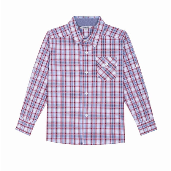 Bienzoe Boy's Cotton Plaid Roll Up Button Down Shirts Marine/Dark Red 13/14