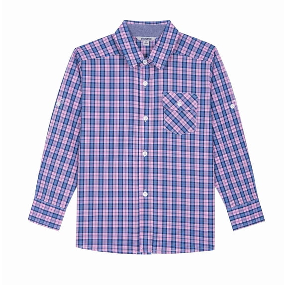 Bienzoe Boy's Cotton Plaid Roll Up Button Down Shirts Rose/Marine 11/12