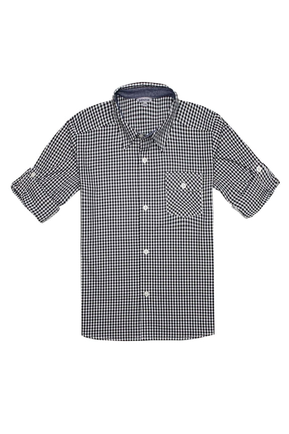 Boy's Cotton Plaid Roll Up Button Down Sports Shirts Black/White 7/8