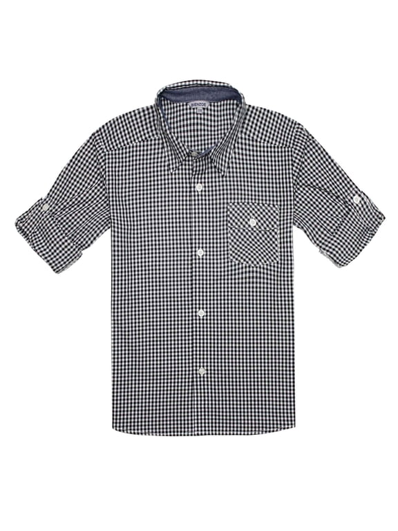Boy's Cotton Plaid Roll Up Button Down Sports Shirts Black/White 7/8