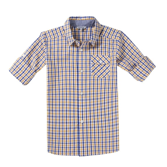 Bienzoe Boy's Cotton Plaid Roll Up Button Down Sports Shirts Blue/Yellow 9/10