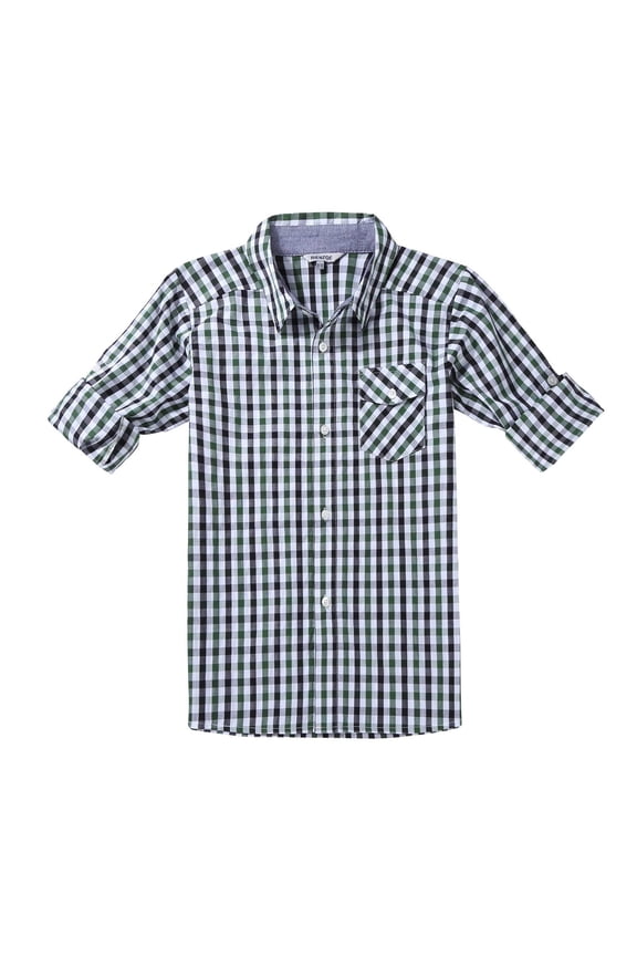 Boy's Cotton Plaid Roll Up Button Down Sports Shirts Green/Black 5/6