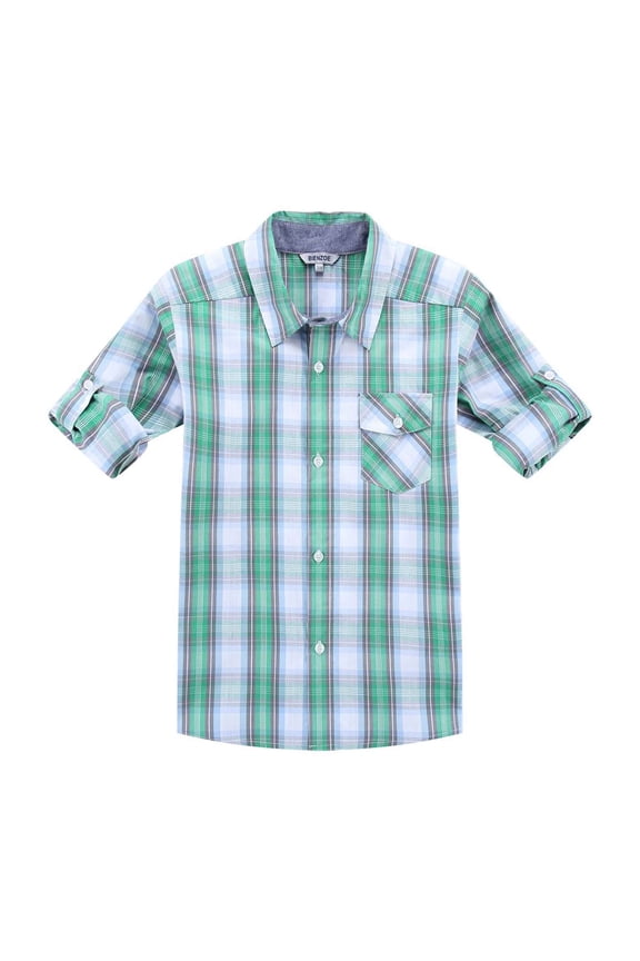 Boy's Cotton Plaid Roll Up Button Down Sports Shirts Green/Grey 11/12
