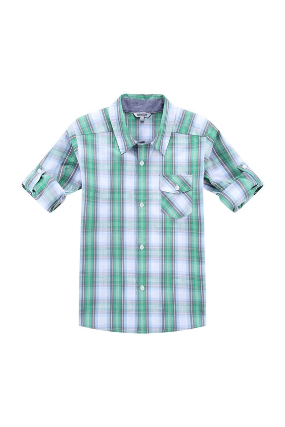 Boy's Cotton Plaid Roll Up Button Down Sports Shirts Green/Grey 5/6