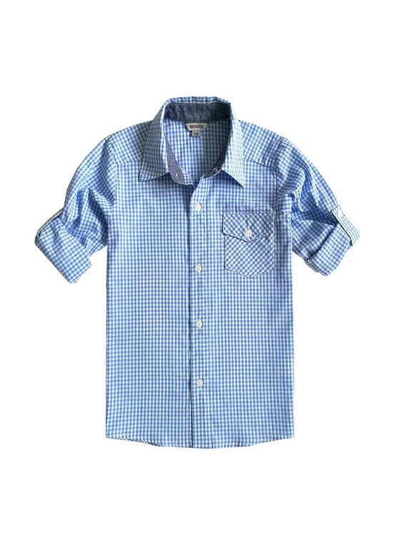 Bienzoe Boy's Cotton Plaid Roll Up Button Down Sports Shirts LightBlue 11/12