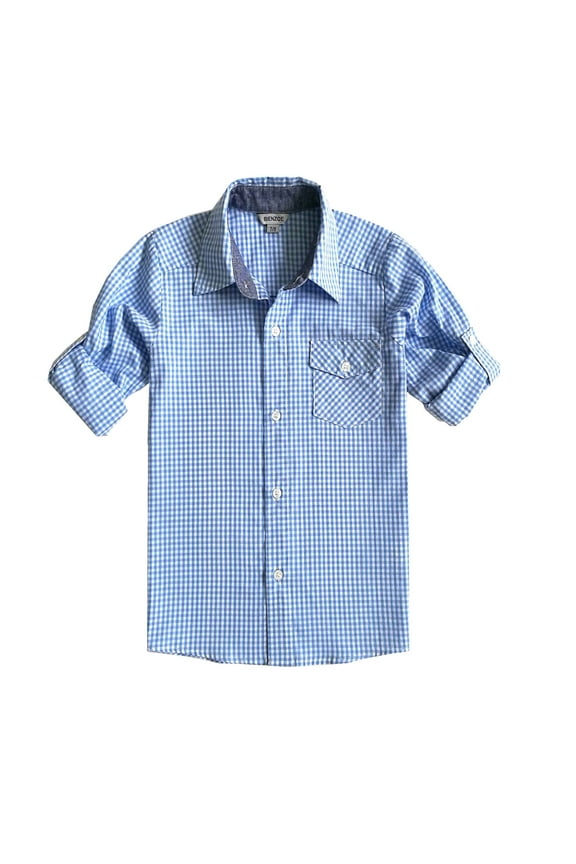 Boy's Cotton Plaid Roll Up Button Down Sports Shirts LightBlue 11/12