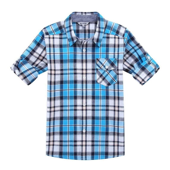 Bienzoe Boy's Cotton Plaid Roll Up Button Down Sports Shirts Navy/Blue 13/14